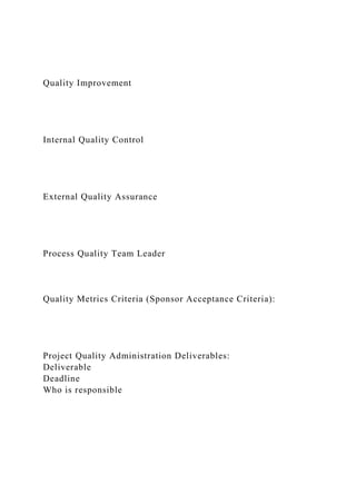 Quality Improvement
Internal Quality Control
External Quality Assurance
Process Quality Team Leader
Quality Metrics Criteria (Sponsor Acceptance Criteria):
Project Quality Administration Deliverables:
Deliverable
Deadline
Who is responsible
 