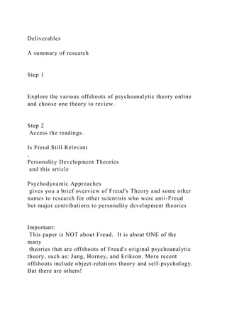 Deliverables
A summary of research
Step 1
Explore the various offshoots of psychoanalytic theory online
and choose one theory to review.
Step 2
Access the readings.
Is Freud Still Relevant
,
Personality Development Theories
and this article
Psychodynamic Approaches
gives you a brief overview of Freud's Theory and some other
names to research for other scientists who were anti-Freud
but major contributions to personality development theories
Important:
This paper is NOT about Freud. It is about ONE of the
many
theories that are offshoots of Freud's original psychoanalytic
theory, such as: Jung, Horney, and Erikson. More recent
offshoots include object-relations theory and self-psychology.
But there are others!
 