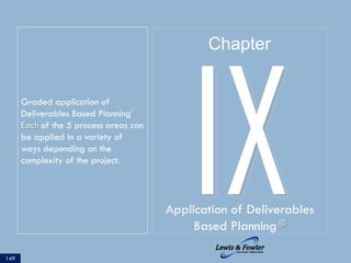 Graded application of
Deliverables Based Planning®
Each of the 5 process areas can
be applied in a variety of
ways depending on the
complexity of the project.
149
IXApplication of Deliverables
Based Planning ®
Chapter
 