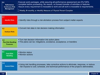 Execute work packages, while assuring all performance assessment are 0%/100%
complete before proceeding. No rework, no forward transfer of activities or features.
Assure every requirement is traceable to work and all work is traceable to requirements.
5.0
§ Identify risks through a risk elicitation process from subject matter experts
5.1
§ Convert risk data in risk decision making information5.2
§ Turn risk decision information into action plans
§ This plans can be: mitigations, avoidance, acceptance, or transfers
5.3
§ Monitor status
§ Monitor actions
5.4
5.5
Chapter VII160 Chapter IX
§ Using risk handling processes, take corrective actions to eliminate, response, or reduce
risk impacts to cost, schedule, and technical performance of the project’s deliverables.
 