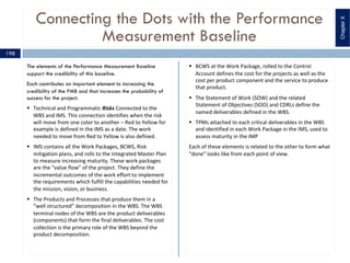Connecting the Dots with the Performance
Measurement Baseline
The elements of the Performance Measurement Baseline
support the credibility of this baseline.
Each contributes an important element to increasing the
credibility of the PMB and that increases the probability of
success for the project.
§ Technical and Programmatic Risks Connected to the
WBS and IMS. This connection identifies when the risk
will move from one color to another – Red to Yellow for
example is defined in the IMS as a date. The work
needed to move from Red to Yellow is also defined.
§ IMS contains all the Work Packages, BCWS, Risk
mitigation plans, and rolls to the Integrated Master Plan
to measure increasing maturity. These work packages
are the “value flow” of the project. They define the
incremental outcomes of the work effort to implement
the requirements which fulfill the capabilities needed for
the mission, vision, or business.
§ The Products and Processes that produce them in a
“well structured” decomposition in the WBS. The WBS
terminal nodes of the WBS are the product deliverables
(components) that form the final deliverables. The cost
collection is the primary role of the WBS beyond the
product decomposition.
§ BCWS at the Work Package, rolled to the Control
Account defines the cost for the projects as well as the
cost per product component and the service to produce
that product.
§ The Statement of Work (SOW) and the related
Statement of Objectives (SOO) and CDRLs define the
named deliverables defined in the WBS.
§ TPMs attached to each critical deliverables in the WBS
and identified in each Work Package in the IMS, used to
assess maturity in the IMP
Each of these elements is related to the other to form what
“done” looks like from each point of view.
198
ChapterX
 
