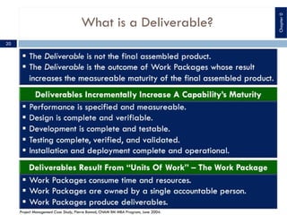 What is a Deliverable?
Project Management Case Study, Pierre Bonnal, CNAM IIM MBA Program, June 2004.
Chapter0
20
 