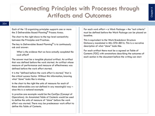 Connecting Principles with Processes through
Artifacts and Outcomes
Each of the 10 organizing principles supports one or more
the 5 Deliverables Based Planning®
Process Areas.
The chart to the right shows to the top level connectivity
between the Principles and Practices.
The key to Deliverables Based Planning®
is to continuously
ask and answer:
What is the evidence that we have actually completed the
work effort?
The answer must be a tangible physical artifact. An artifact
that was defined before the work started. An artifact whose
measure of performance and measure of effectiveness was
defined before the work effort started.
It is the “defined before the work effort is started,” that is
the critical success factor. Without this information, knowing
what “done” looks like is missing.
In the chart to the right the units of measure for each of
these deliverables are not defined in any meaningful way –
since this is a notional example.
In practice one example would be the ConOps (Concept of
Operations). An Annotated Table of Contents would be used
to define the units of measure of “done” before the work
effort was started. There may be predecessor work effort to
define this Table of Contents.
For each work effort – a Work Package – the “exit criteria”
must be defined before the Work Package can be placed on
baseline.
This is equivalent to the Work Breakdown Structure
Dictionary mandated in MIL‒STD‒881A. This is a narrative
description of what “done” looks like.
For each artifact there must be a agreed on Table of
Contents (TOC) with annotations describing the outcomes of
each section in the document before the writing can start
204
ChapterX
 