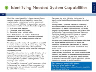 Identifying Needed System Capabilities
Identifying System Capabilities is the starting point for any
successful program. Systems Capabilities are not direct
requirements, but a statements of what the system should
provide in terms of “abilities.” For example there are three
capabilities needed for the Hubble Robotic Servicing Mission:
1. Do no harm to the telescope.
2. Change the Wide Field Camera.
3. Connect the battery umbilical cable.
How is this to be done and what are the technical,
operational, safety and mission assurance requirements?
Don’t really know yet, but the Capabilities guide their
development.
The critical reason for starting with capabilities is to establish
a home for all the requirements. To answer the question “why
is this requirement present?” “Why is this requirement
needed?” “What business or mission value does fulfilling this
requirement provide?”
Capabilities statement can then be used to define the units of
measure for program progress. Measuring progress with
physical percent complete at each level is mandatory. But
measuring how the Capabilities are being fulfilled is most
meaningful to the customer.
The “meaningful to the customer” unit of measures are critical
to the success of any program. Without these measures the
program may be cost, schedule, and technically successful
but fail to fulfill the mission.
The process flow to the right is the starting point for
Identifying the Needed Capabilities and determining their
priorities.
Starting with the Capabilities prevents the “Bottom Up”
requirements gathering process from producing a “list” of
requirements – all needed – that is missing a well formed
topology. This Requirements Architecture is no different than
the Technical or Programmatic architecture of the system.
Capabilities Based Planning (CBP) focuses on “outputs”
rather than “inputs.” These “outputs” are the mission
capabilities that fulfilled by the program.
In order to fulfill these capabilities, requirements need to be
met. But we need the capabilities first. Without the
capabilities, it is never clear the mission will be a success,
because there is no clear and concise description of what
success means.
The concept of CBP recognizes the interdependence of
systems, strategy organization, and support in delivering the
capability, and the need to examine options and trade‒offs
in terms of performance, cost and risk to identify optimum
development investments. CBP relies on scenarios to provide
the context to measure the level of capability.
24
Chapter0
 
