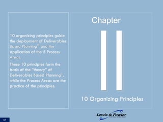 10 organizing principles guide
the deployment of Deliverables
Based Planning® and the
application of the 5 Process
Areas.
These 10 principles form the
basis of the “theory” of
Deliverables Based Planning®,
while the Process Areas are the
practice of the principles.
57
II10 Organizing Principles
Chapter
 