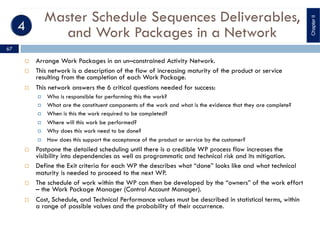 Master Schedule Sequences Deliverables,
and Work Packages in a Network
¨ Arrange Work Packages in an un–constrained Activity Network.
¨ This network is a description of the flow of increasing maturity of the product or service
resulting from the completion of each Work Package.
¨ This network answers the 6 critical questions needed for success:
¤ Who is responsible for performing this the work?
¤ What are the constituent components of the work and what is the evidence that they are complete?
¤ When is this the work required to be completed?
¤ Where will this work be performed?
¤ Why does this work need to be done?
¤ How does this support the acceptance of the product or service by the customer?
¨ Postpone the detailed scheduling until there is a credible WP process flow increases the
visibility into dependencies as well as programmatic and technical risk and its mitigation.
¨ Define the Exit criteria for each WP the describes what “done” looks like and what technical
maturity is needed to proceed to the next WP.
¨ The schedule of work within the WP can then be developed by the “owners” of the work effort
– the Work Package Manager (Control Account Manager).
¨ Cost, Schedule, and Technical Performance values must be described in statistical terms, within
a range of possible values and the probability of their occurrence.
ChapterII
67
 