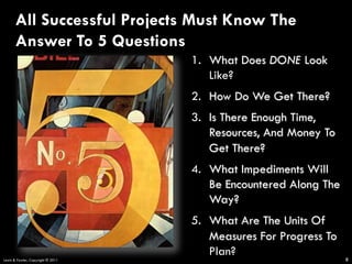 1. What Does DONE Look
Like?
2. How Do We Get There?
3. Is There Enough Time,
Resources, And Money To
Get There?
4. What Impediments Will
Be Encountered Along The
Way?
5. What Are The Units Of
Measures For Progress To
Plan?
All Successful Projects Must Know The
Answer To 5 Questions
8Lewis & Fowler, Copyright © 2011
 