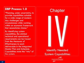 DBP Process 1.0
“Planning, under uncertainty, to
provide capabilities suitable
for a wide range of modern-
day challenges and
circumstances while working
within an economic framework
that necessitates choice.”
By Identifying system
capabilities, the elicited
technical and operational
requirements can be traced
from the Measures of
Effectiveness to each
deliverable in the Integrated
Master Plan and Schedule.
Capabilities state the “why” of
the system.
89
IVIdentify Needed
System Capabilities
Chapter
 