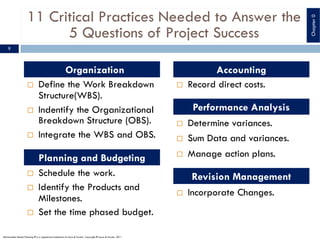 11 Critical Practices Needed to Answer the
5 Questions of Project Success
9
¨ Define the Work Breakdown
Structure(WBS).
¨ Indentify the Organizational
Breakdown Structure (OBS).
¨ Integrate the WBS and OBS.
¨Organization
¨ Schedule the work.
¨ Identify the Products and
Milestones.
¨ Set the time phased budget.
Planning and Budgeting
¨ Record direct costs.
Accounting
¨ Determine variances.
¨ Sum Data and variances.
¨ Manage action plans.
Performance Analysis
¨ Incorporate Changes.
Revision Management
Deliverables Based Planning ® is a registered trademark of Lewis & Fowler. Copyright ® Lewis & Fowler, 2011
Chapter0
 