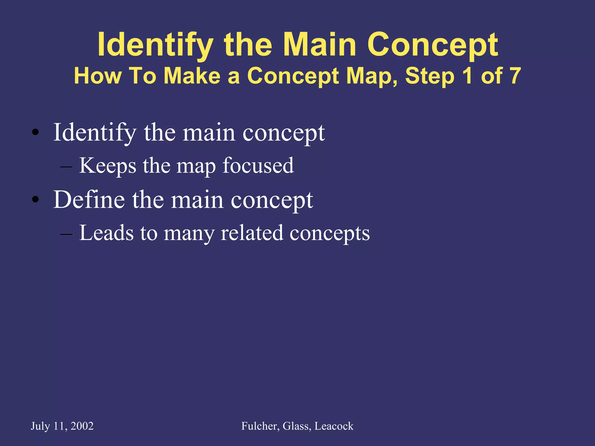 Identify the Main Concept How To Make a Concept Map, Step 1 of 7 Identify the main concept Keeps the map focused Define the main concept Leads to many related concepts 