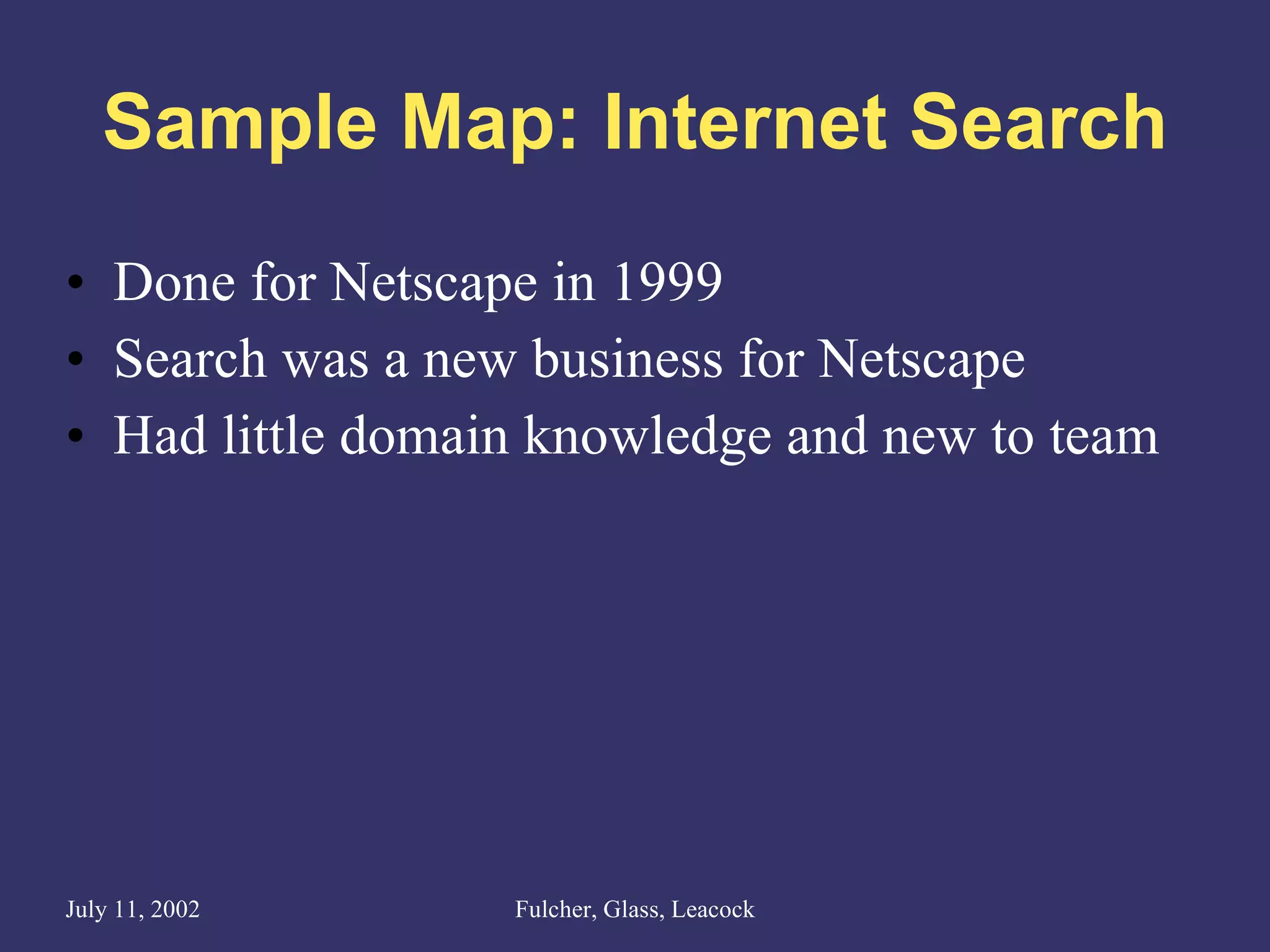 Sample Map: Internet Search Done for Netscape in 1999 Search was a new business for Netscape Had little domain knowledge and new to team 
