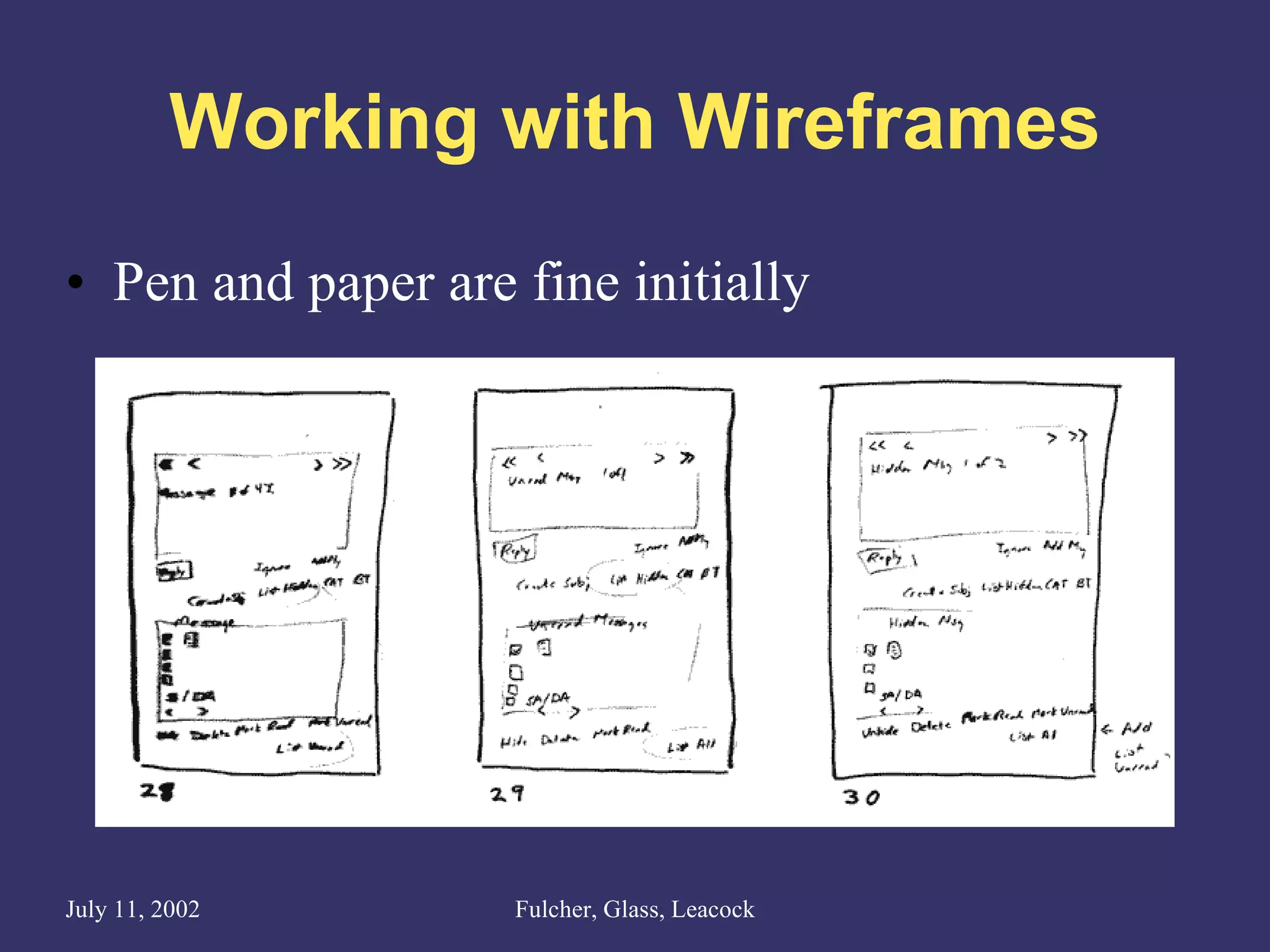 Working with Wireframes Pen and paper are fine initially 