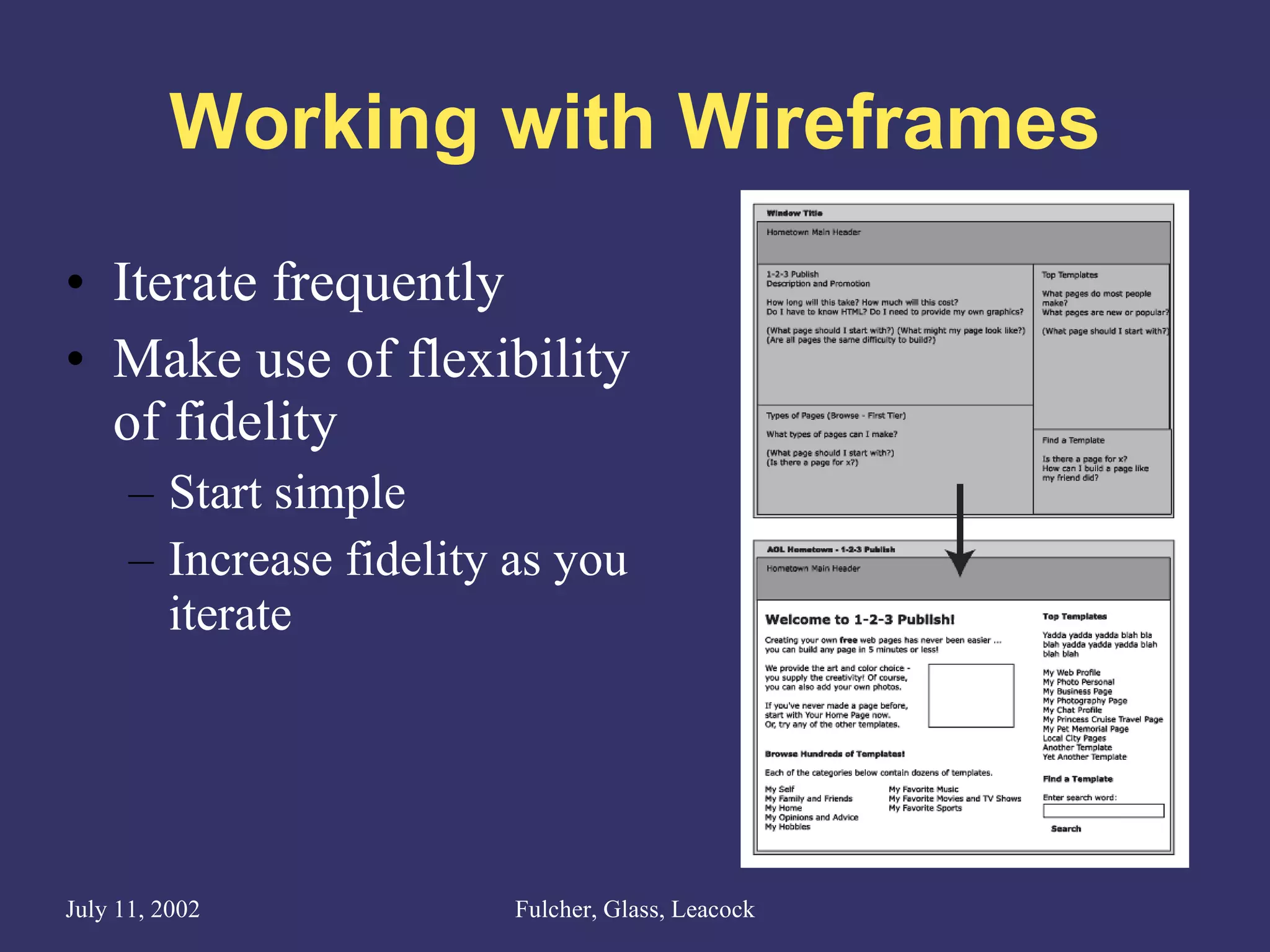 Working with Wireframes Iterate frequently  Make use of flexibility of fidelity Start simple Increase fidelity as you iterate 