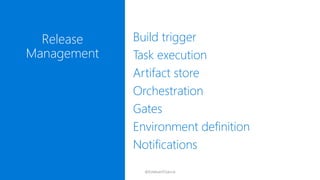 Build trigger
Task execution
Artifact store
Orchestration
Gates
Environment definition
Notifications
Release
Management
@E...