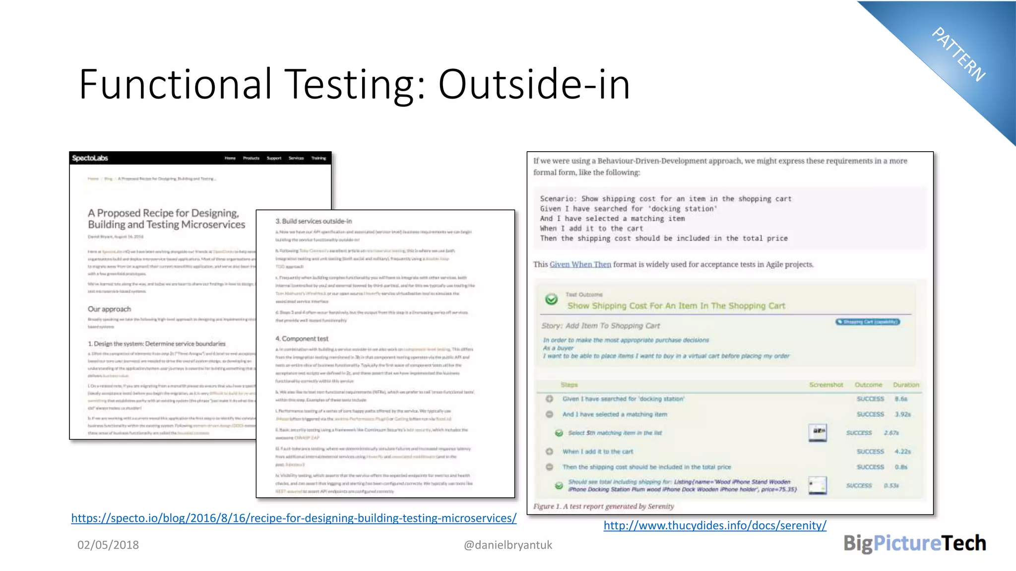 Functional Testing: Outside-in
02/05/2018 @danielbryantuk
https://specto.io/blog/2016/8/16/recipe-for-designing-building-testing-microservices/
http://www.thucydides.info/docs/serenity/
 