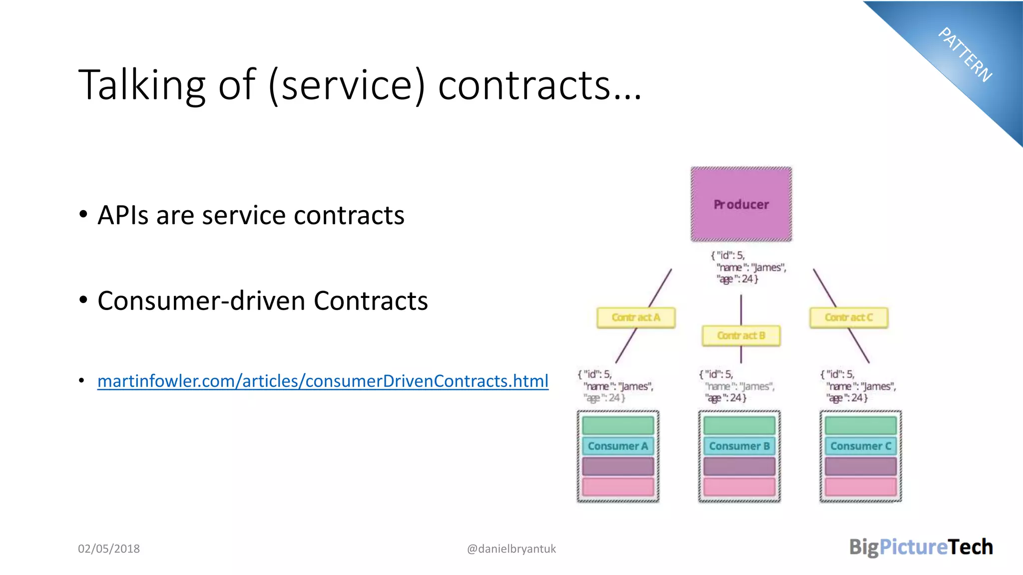 Talking of (service) contracts…
• APIs are service contracts
• Consumer-driven Contracts
• martinfowler.com/articles/consumerDrivenContracts.html
02/05/2018 @danielbryantuk
 