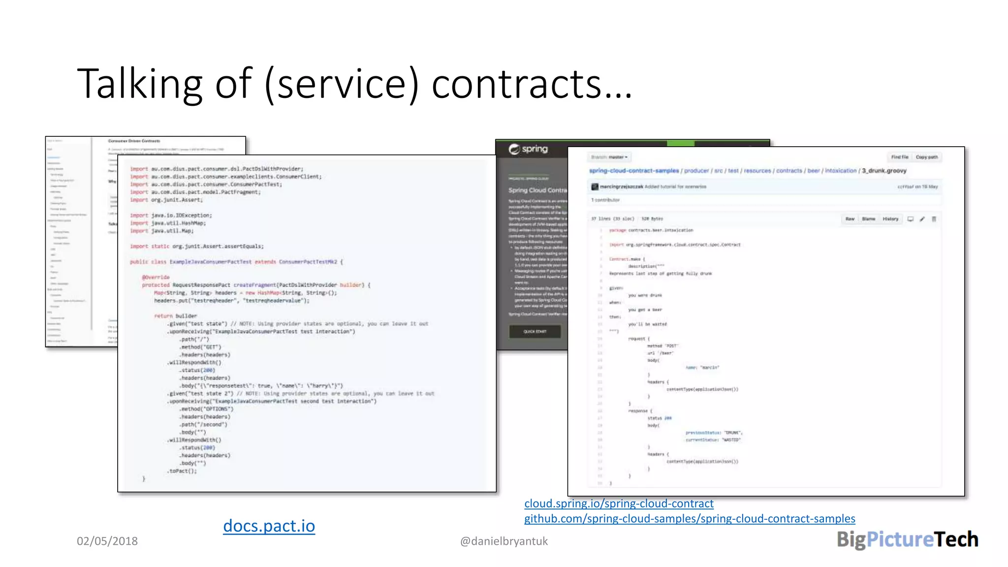 Talking of (service) contracts…
02/05/2018 @danielbryantuk
docs.pact.io
cloud.spring.io/spring-cloud-contract
github.com/spring-cloud-samples/spring-cloud-contract-samples
 
