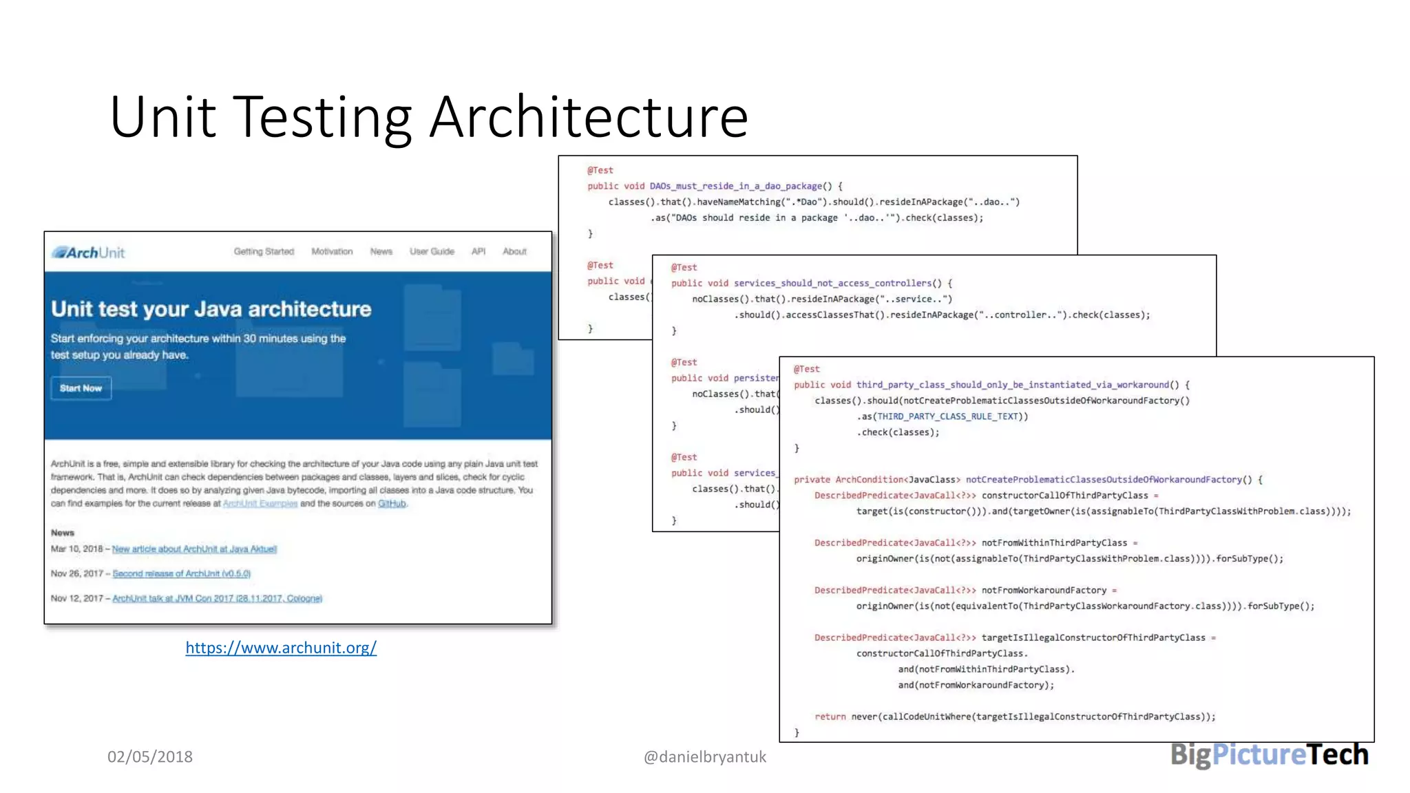 Unit Testing Architecture
02/05/2018 @danielbryantuk
https://www.archunit.org/
 