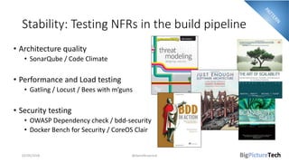 Stability: Testing NFRs in the build pipeline
• Architecture quality
• SonarQube / Code Climate
• Performance and Load testing
• Gatling / Locust / Bees with m’guns
• Security testing
• OWASP Dependency check / bdd-security
• Docker Bench for Security / CoreOS Clair
02/05/2018 @danielbryantuk
 