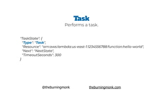 @theburningmonk theburningmonk.com
"TaskState": {
 "Type": "Task",
 "Resource": "arn:aws:lambda:us-east-1:1234556788:function:hello-world",
 "Next": "NextState",
 "TimeoutSeconds": 300
}
Task
Performs a task.
 