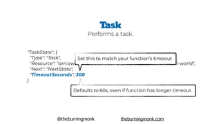 @theburningmonk theburningmonk.com
"TaskState": {
 "Type": "Task",
 "Resource": "arn:aws:lambda:us-east-1:1234556788:function:hello-world",
 "Next": "NextState",
 "TimeoutSeconds": 300
}
Task
Defaults to 60s, even if function has longer timeout
Set this to match your function’s timeout
Performs a task.
 