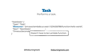 @theburningmonk theburningmonk.com
"TaskState": {
 "Type": "Task",
 "Resource": "arn:aws:lambda:us-east-1:1234556788:function:hello-world",
 "Next": "NextState",
 "TimeoutSeconds": 300
}
Task
Doesn’t have to be Lambda function.
Performs a task.
 