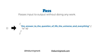 @theburningmonk theburningmonk.com
Pass
Passes input to output without doing any work.
{ }
{
 “the_answer_to_the_question_of_life_the_universe_and_everything”: {
   “is”: 42
 }
}
 