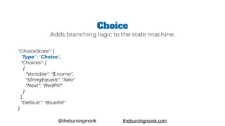 @theburningmonk theburningmonk.com
"ChoiceState": {
 "Type" : "Choice",
 "Choices": [
   {
      "Variable": "$.name",
     "StringEquals": "Neo"
     "Next": "RedPill"
   }
 ],
 "Default": "BluePill"
}
Choice
Adds branching logic to the state machine.
 
