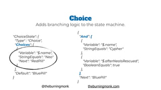 @theburningmonk theburningmonk.com
"ChoiceState": {
 "Type" : "Choice",
 "Choices": [
   {
      "Variable": "$.name",
     "StringEquals": "Neo"
     "Next": "RedPill"
   }
 ],
 "Default": "BluePill"
}
Choice
Adds branching logic to the state machine.
{
“And”: [
{
      "Variable": "$.name",
      "StringEquals": “Cypher"
    },
{
      "Variable": "$.afterNeoIsRescued",
      "BooleanEquals": true
    },
],
  "Next": "BluePill"
}
 