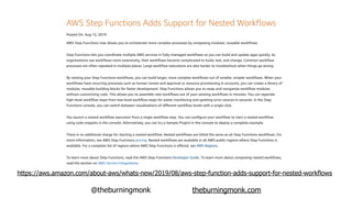 @theburningmonk theburningmonk.com
https://aws.amazon.com/about-aws/whats-new/2019/08/aws-step-function-adds-support-for-nested-workflows
 
