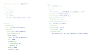 AWSTemplateFormatVersion: '2010-09-09'
Parameters:
DesiredCount:
Type: Number
ClusterStack:
Type: String
Description: Name of the cluster stack
...
Resources:
TaskDefinition:
Type: AWS::ECS::TaskDefinition
Properties:
TaskRoleArn: !Ref TaskAuthRole
ContainerDefinitions:
- Name: Jenkins
Image: !Sub jenkins:${Version}
Cpu: '2048'
PortMappings:
- ContainerPort: 80
HostPort: 0
Memory: '4608'
Essential: 'true'
WebApp:
Type: AWS::ECS::Service
Properties:
Cluster:
"Fn::ImportValue": !Sub "${ClusterStack}-ClusterName"
DesiredCount: !Ref DesiredCount
TaskDefinition: !Ref TaskDefinition
DeploymentConfiguration:
MaximumPercent: 100
MinimumHealthyPercent: 0
Role: !Ref ServiceAuthRole
LoadBalancers:
- ContainerName: Jenkins
ContainerPort: 8080
LoadBalancerName:
"Fn::ImportValue": !Sub "${ClusterStack}-LoadBalancerName"
 
