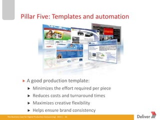 Pillar Five: Templates and automation




                        A good production template:
                                Minimizes the effort required per piece
                                Reduces costs and turnaround times
                                Maximizes creative flexibility
                                Helps ensure brand consistency
The Business Case for Digital Production Outsourcing| 2012iverPresentation|3.5.11|16
                                                        Del | 16
 