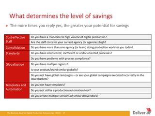 What determines the level of savings
    The more times you reply yes, the greater your potential for savings

Cost-effective                 Do you have a moderate to high volume of digital production?
Staff                          Are the staff costs for your current agency (or agencies) high?
Consolidation                  Do you have more than one agency (or team) doing production work for you today?

Standards                      Do you have inconsistent, inefficient or undocumented processes?
                               Do you have problems with process compliance?
Globalization                  Do you have multiple regions?
                               Is your product/brand similar globally?
                               Do you not have global campaigns – or are your global campaigns executed incorrectly in the
                               local markets?

Templates and                  Do you not have templates?
Automation                     Do you not utilize a production automation tool?
                               Do you create multiple versions of similar deliverables?




 The Business Case for Digital Production Outsourcing| 2012iverPresentation|3.5.11|17
                                                         Del | 17
 