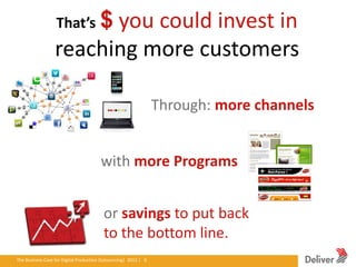you could invest in
                      That’s $
                     reaching more customers

                                                                            Through: more channels


                                               with more Programs


                                                 or savings to put back
                                                 to the bottom line.
The Business Case for Digital Production Outsourcing| 2012iverPresentation|3.5.11|6
                                                        Del | 6
 
