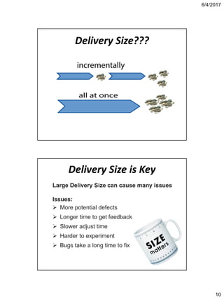 6/4/2017
10
Delivery Size???
Delivery Size is Key
Large Delivery Size can cause many issues
Issues:
 More potential defects
 Longer time to get feedback
 Slower adjust time
 Harder to experiment
 Bugs take a long time to fix
 