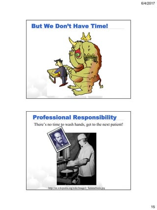 6/4/2017
15
But We Don’t Have Time!
Professional Responsibility
There’s no time to wash hands, get to the next patient!
http://en.wikipedia.org/wiki/Image:I_Semmelweis.jpg
 