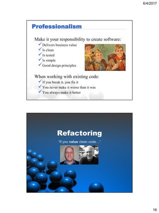 6/4/2017
16
Professionalism
Make it your responsibility to create software:
Delivers business value
Is clean
Is tested
Is simple
Good design principles
When working with existing code:
If you break it, you fix it
You never make it worse than it was
You always make it better
Refactoring
“If you value clean code…”
 