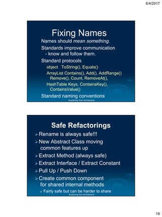 6/4/2017
19
Sustaining Your Architecture
Fixing Names
Names should mean something.
Standards improve communication
- know and follow them.
Standard protocols
object ToString(), Equals()
ArrayList Contains(), Add(), AddRange()
Remove(), Count, RemoveAt(),
HashTable Keys, ContainsKey(),
ContainsValue()
Standard naming conventions
Sustaining Your Architecture
Safe Refactorings
Rename is always safe!!!
New Abstract Class moving
common features up
Extract Method (always safe)
Extract Interface / Extract Constant
Pull Up / Push Down
Create common component
for shared internal methods
 Fairly safe but can be harder to share
 