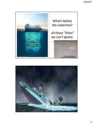 6/4/2017
5
What’s below
the waterline?
all those “ilities”
we can’t ignore
…
Reliability
Scalability
Stability
Maintainability
Performance
© Can Stock Photo Inc. / SergeyNivens
Chris Richardson
http://microservices.io
11
 