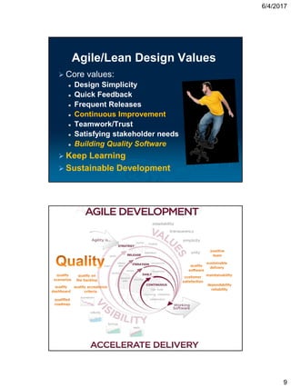 6/4/2017
9
Agile/Lean Design Values
 Core values:
 Design Simplicity
 Quick Feedback
 Frequent Releases
 Continuous Improvement
 Teamwork/Trust
 Satisfying stakeholder needs
 Building Quality Software
 Keep Learning
 Sustainable Development
 