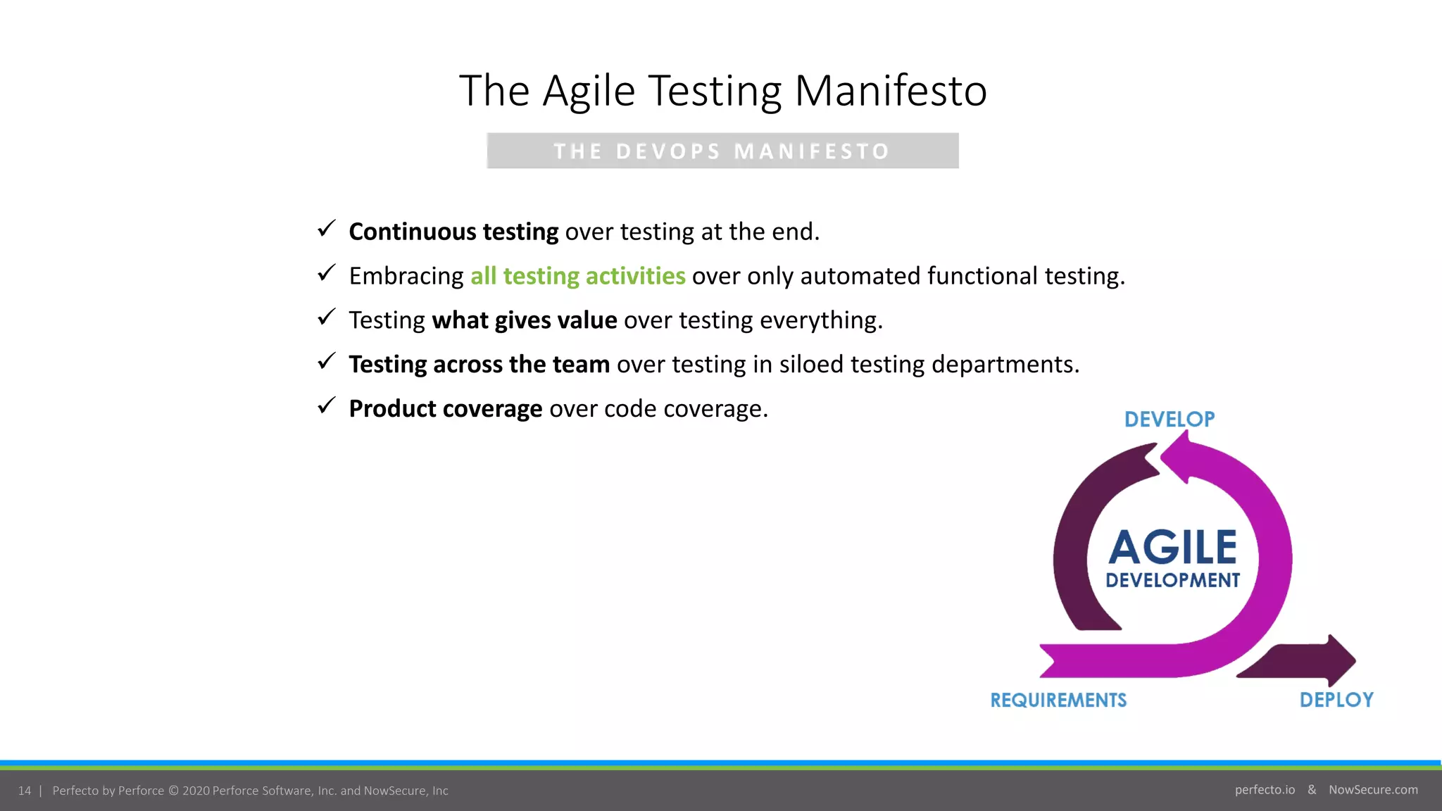 perfecto.io & NowSecure.com14 | Perfecto by Perforce © 2020 Perforce Software, Inc. and NowSecure, Inc
T H E D E V O P S M A N I F E S T O
 Continuous testing over testing at the end.
 Embracing all testing activities over only automated functional testing.
 Testing what gives value over testing everything.
 Testing across the team over testing in siloed testing departments.
 Product coverage over code coverage.
The Agile Testing Manifesto
 