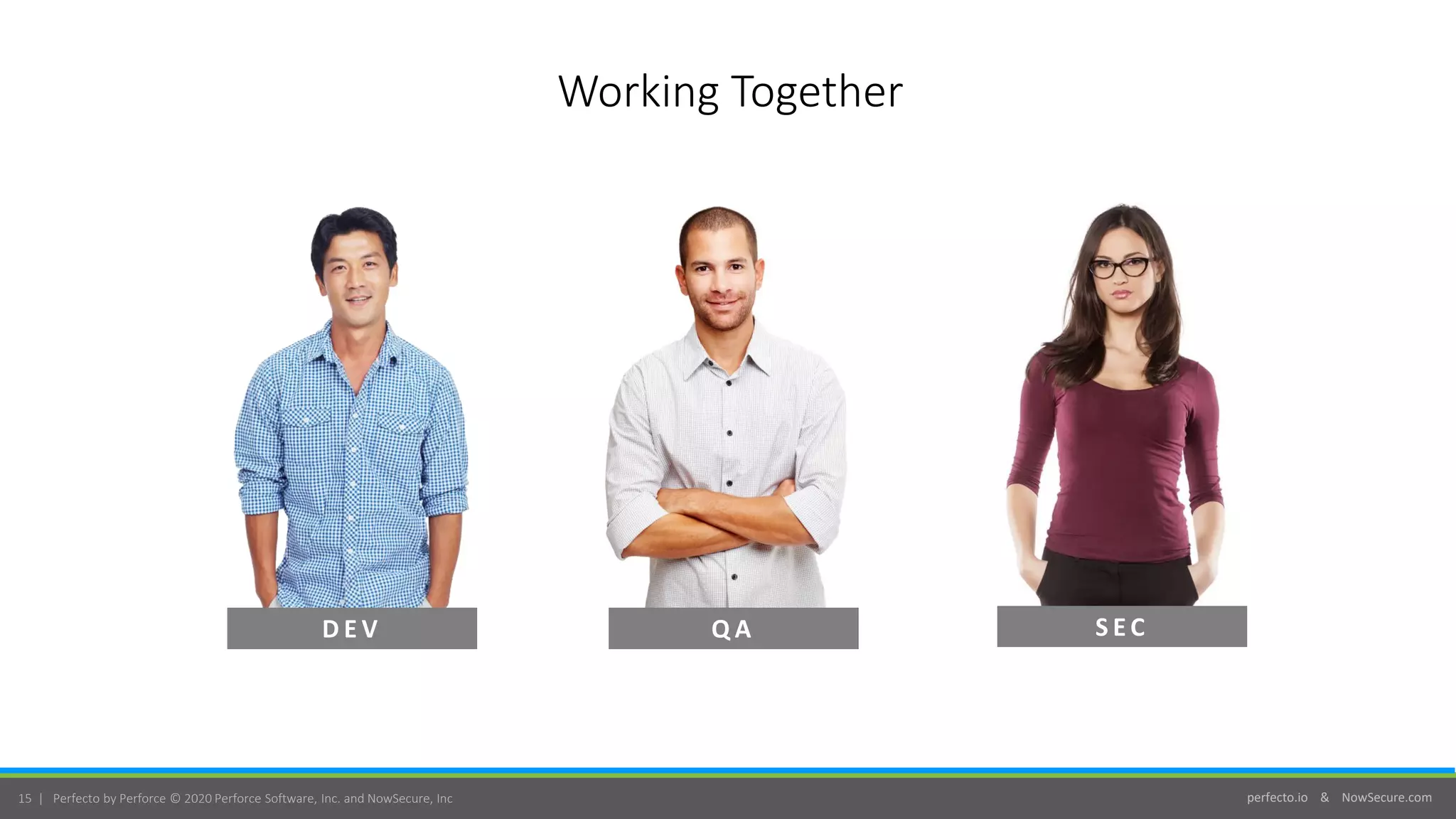 perfecto.io & NowSecure.com15 | Perfecto by Perforce © 2020 Perforce Software, Inc. and NowSecure, Inc
Working Together
D E V Q A S E C
 