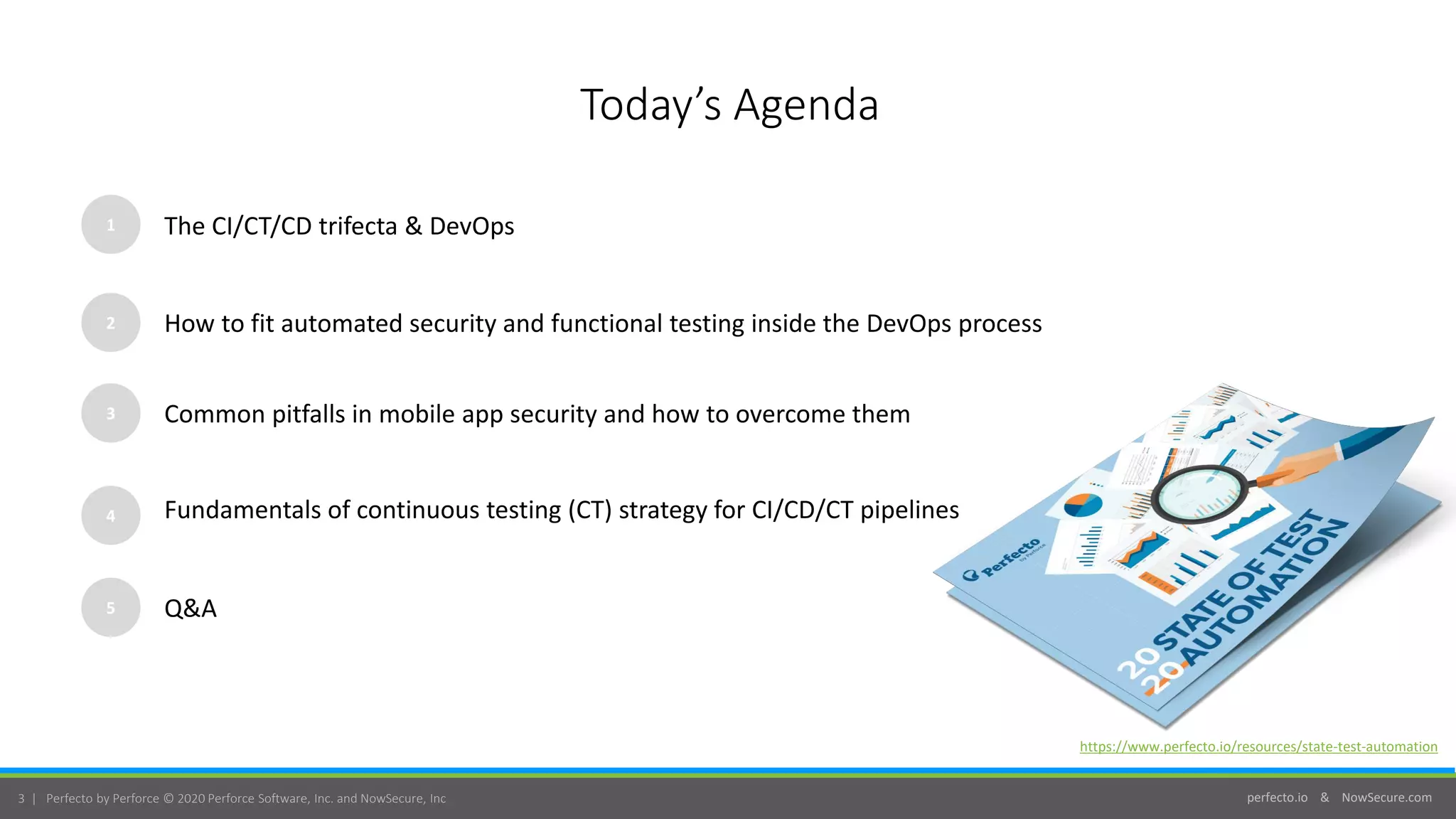 perfecto.io & NowSecure.com3 | Perfecto by Perforce © 2020 Perforce Software, Inc. and NowSecure, Inc
Today’s Agenda
1
2
The CI/CT/CD trifecta & DevOps
How to fit automated security and functional testing inside the DevOps process
https://www.perfecto.io/resources/state-test-automation
3 Common pitfalls in mobile app security and how to overcome them
5 Q&A
4 Fundamentals of continuous testing (CT) strategy for CI/CD/CT pipelines
 