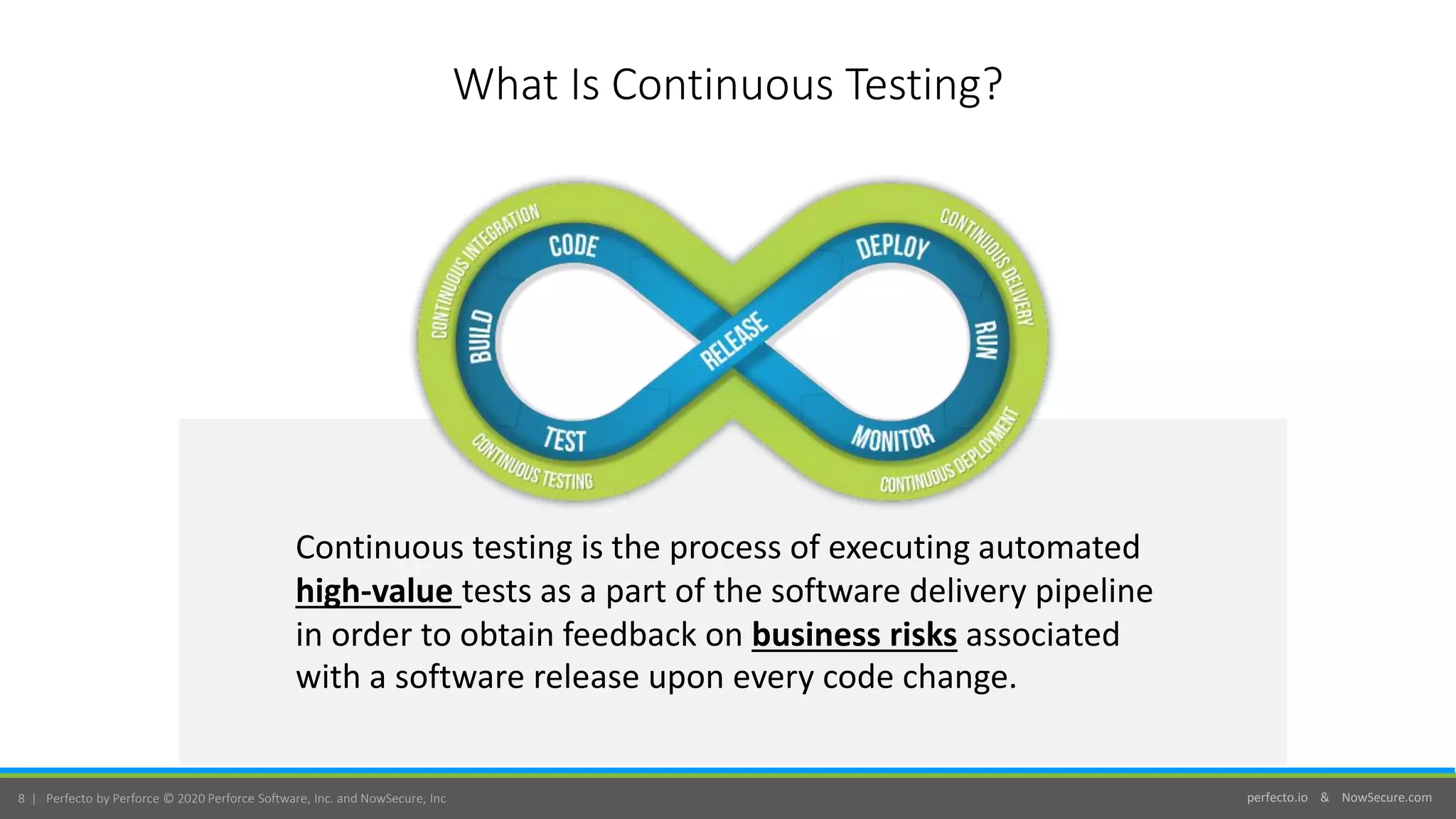 perfecto.io & NowSecure.com8 | Perfecto by Perforce © 2020 Perforce Software, Inc. and NowSecure, Inc
What Is Continuous Testing?
Continuous testing is the process of executing automated
high-value tests as a part of the software delivery pipeline
in order to obtain feedback on business risks associated
with a software release upon every code change.
 