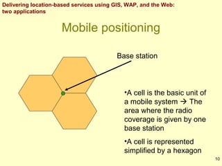Delivering location-based services using GIS, WAP, and the Web:
two applications

Mobile positioning
Base station

•A cell is the basic unit of
a mobile system  The
area where the radio
coverage is given by one
base station
•A cell is represented
simplified by a hexagon
10

 