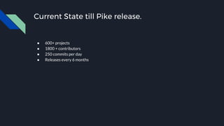 Current State till Pike release.
● 600+ projects
● 1800 + contributors
● 250 commits per day
● Releases every 6 months
 