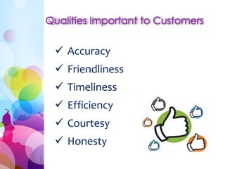 Accuracy 
 Friendliness 
 Timeliness 
 Efficiency 
 Courtesy 
 Honesty 
 