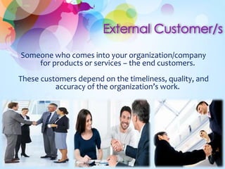 Someone who comes into your organization/company 
for products or services – the end customers. 
These customers depend on the timeliness, quality, and 
accuracy of the organization’s work. 
 