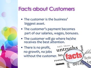 • The customer is the business’ 
biggest asset. 
• The customer’s payment becomes 
part of our salaries, wages, bonuses. 
• The customer will go where he/she 
receives the best attention. 
• There is no profit, 
no growth, no jobs 
without the customer. 
 