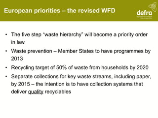 European priorities – the revised WFD The five step “waste hierarchy” will become a priority order in law Waste prevention – Member States to have programmes by 2013 Recycling target of 50% of waste from households by 2020 Separate collections for key waste streams, including paper, by 2015 – the intention is to have collection systems that deliver  quality  recyclables 